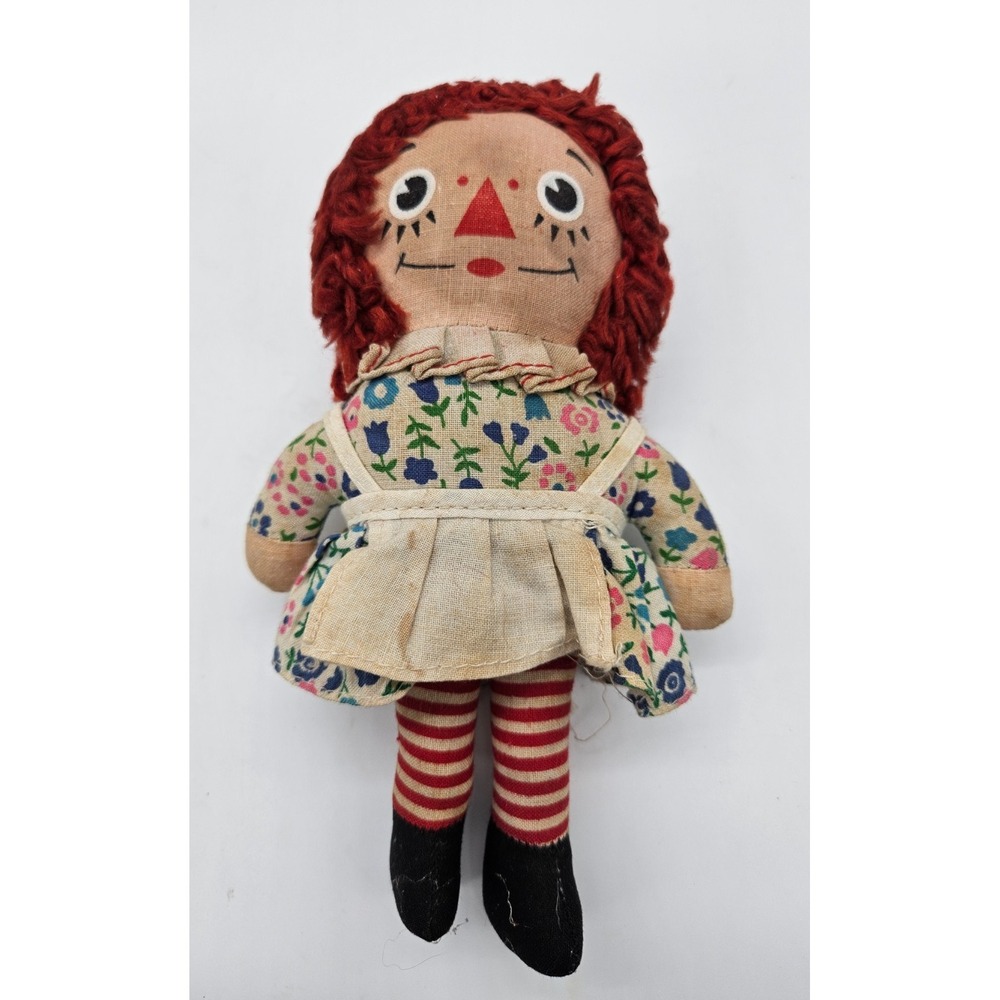 Vintage Raggedy Ann 6.5" Plush Cloth Doll Red Yarn‎ Hair Floral Dress Americana